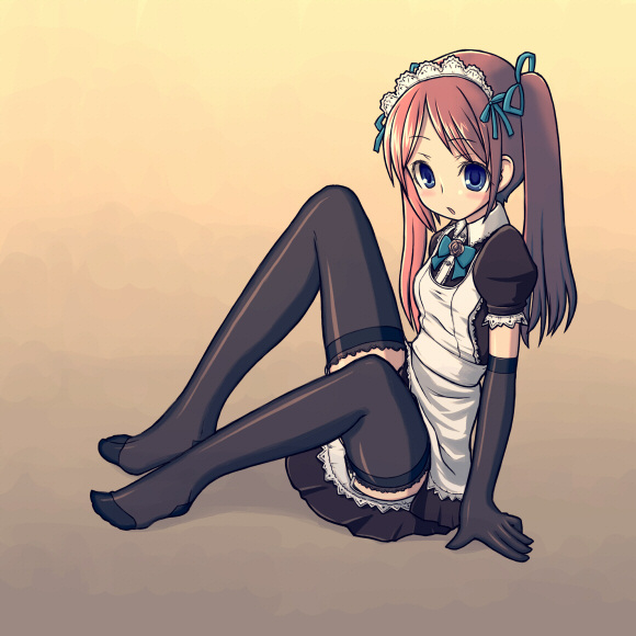kimarin, 1girl, black thighhighs, blue eyes, blush, brown hair, elbow gloves, female focus, flat chest, garter belt, gloves, gradient background, hair ribbon, maid, maid headdress, open mouth, ribbon, simple background, solo, thighhighs, twintails