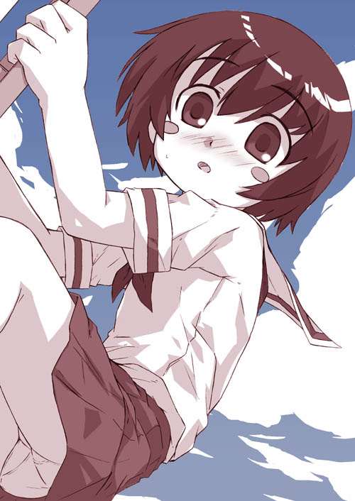 shimo-san, hitotsubashi yurie, kamichu!, 00s, monochrome, panties, pantyshot, school uniform, serafuku, solo, underwear