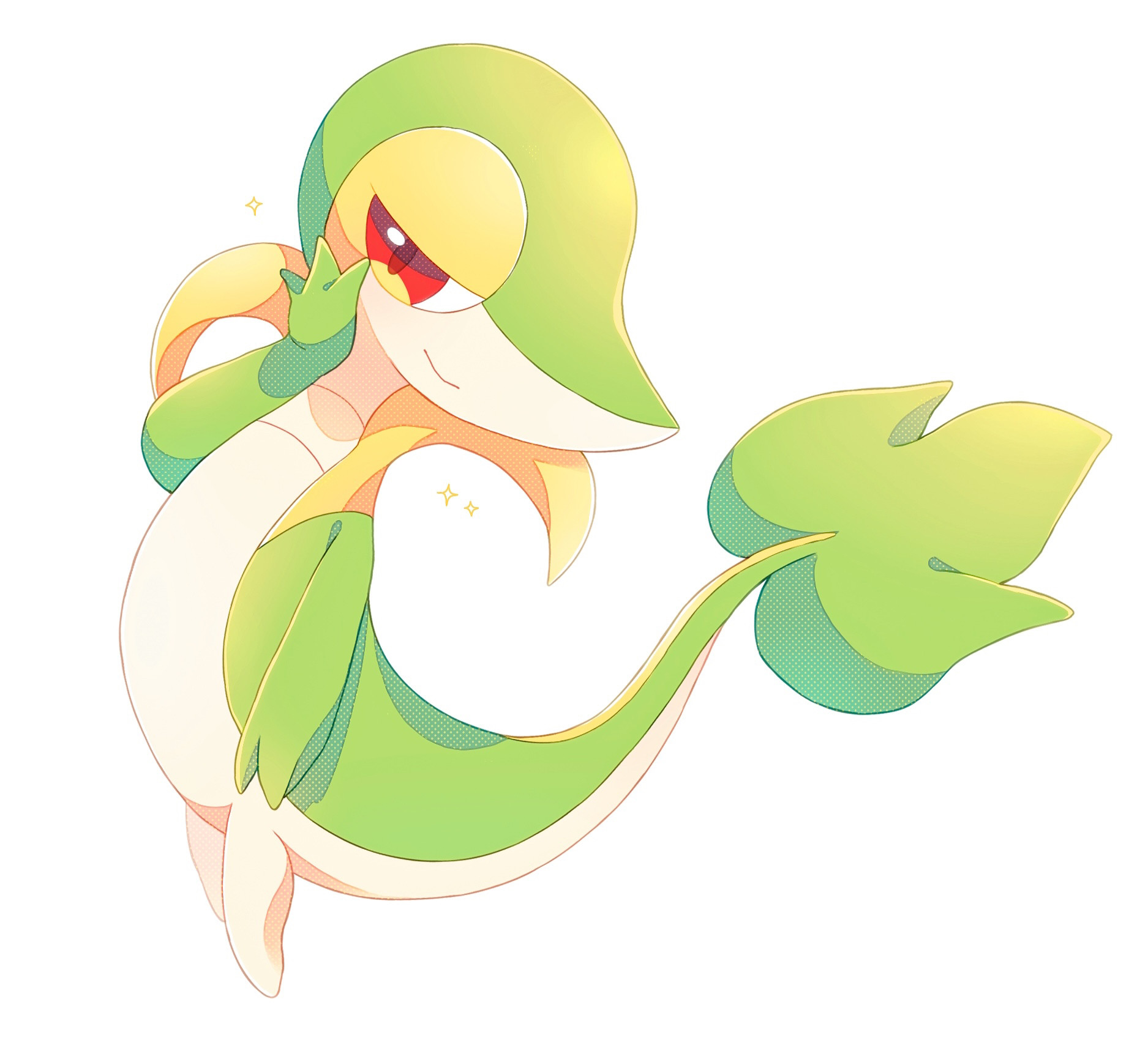 26tumugi, snivy, nintendo, pokemon, highres, closed mouth, full body, gen 5 pokemon, looking at viewer, pokemon (creature), red eyes, simple background, smile, solo, sparkle, standing, white background