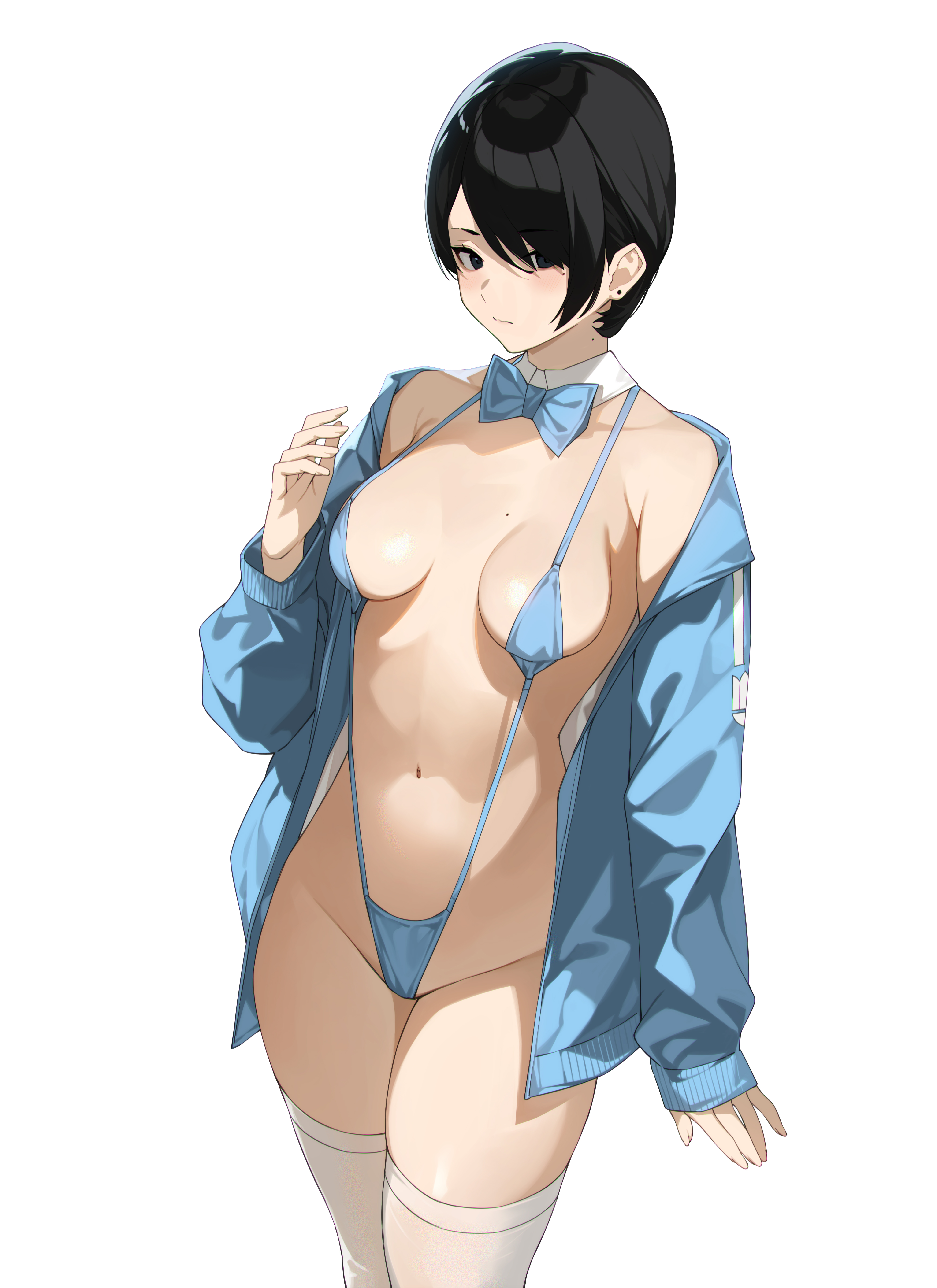 yykuaixian, original, absurdres, chinese commentary, commentary request, highres, 1girl, arm up, bare shoulders, bikini, black eyes, blue bikini, blue bow, blue bowtie, blue jacket, blue slingshot swimsuit, blush, bow, bowtie, breasts, collar, cowboy shot, detached collar, hair over one eye, jacket, large breasts, looking at viewer, micro bikini, mole, mole on neck, navel, no pants, open clothes, open jacket, short hair, simple background, slingshot swimsuit, solo, stomach, swimsuit, thighhighs, thighs, white background, white collar, white thighhighs