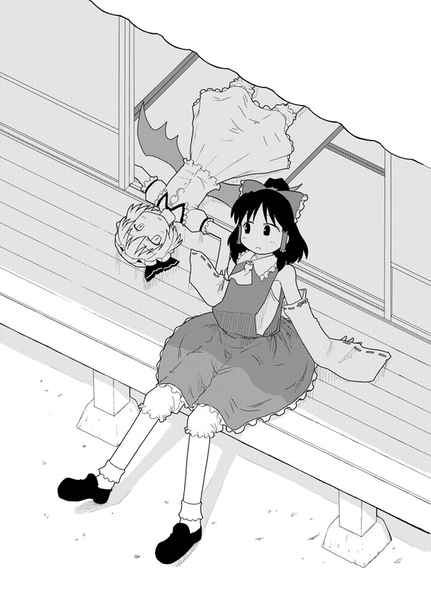 akase rai, hakurei reimu, remilia scarlet, touhou, 2girls, arm support, ascot, bat wings, bow, detached sleeves, dress, female focus, greyscale, hair bow, hair tubes, hat, hat ribbon, lying, monochrome, multiple girls, on back, ribbon, short hair, sitting, wings