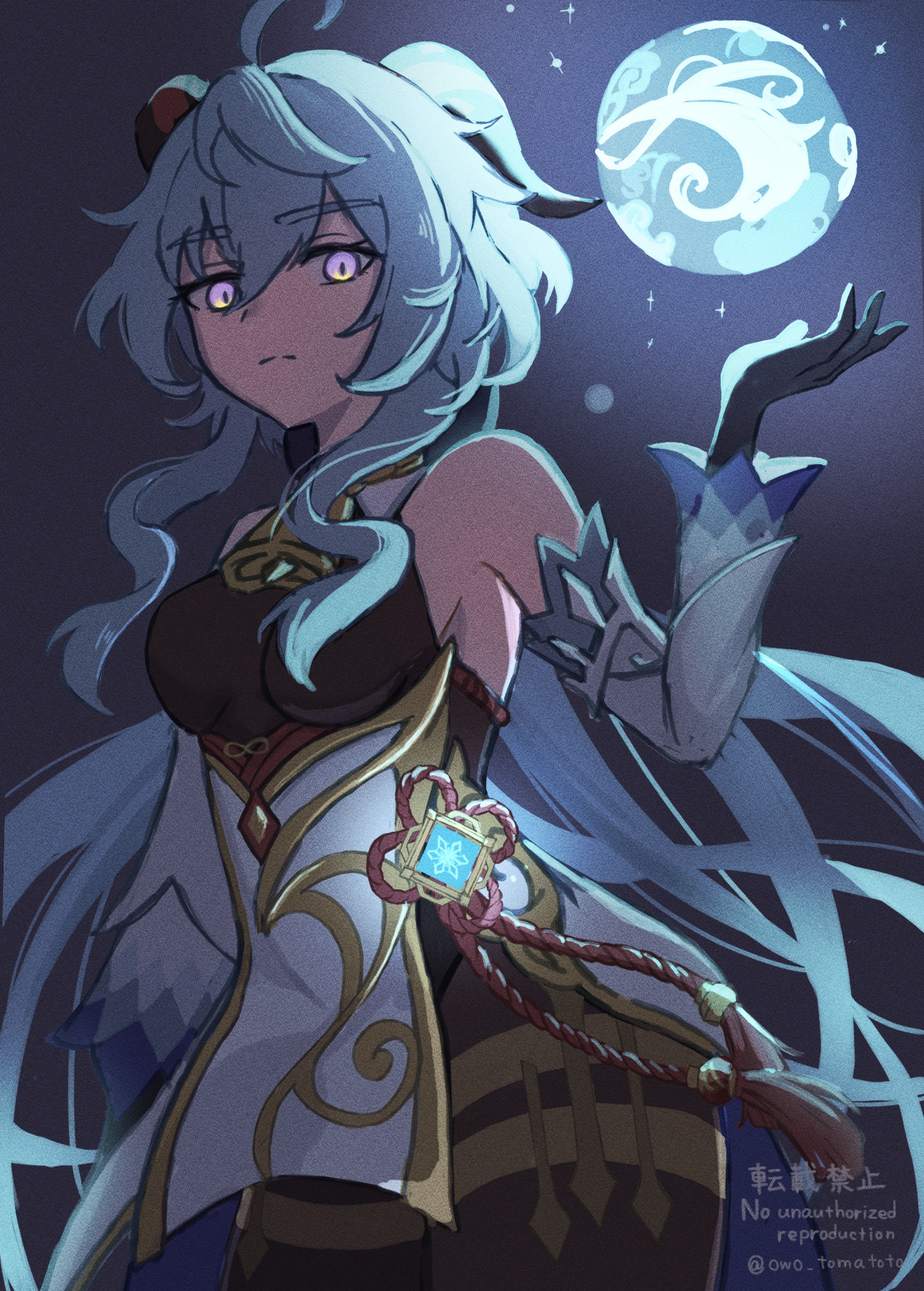 touma (owo tooooma), ganyu (genshin impact), genshin impact, highres, 1girl, ahoge, bare shoulders, bell, black gloves, blue hair, blush, bodystocking, breasts, cryo symbol (genshin impact), detached sleeves, gloves, goat horns, hair between eyes, horns, long hair, looking at viewer, medium breasts, multicolored eyes, neck bell, pantyhose, purple eyes, sidelocks, solo, tassel, twitter username, vision (genshin impact)