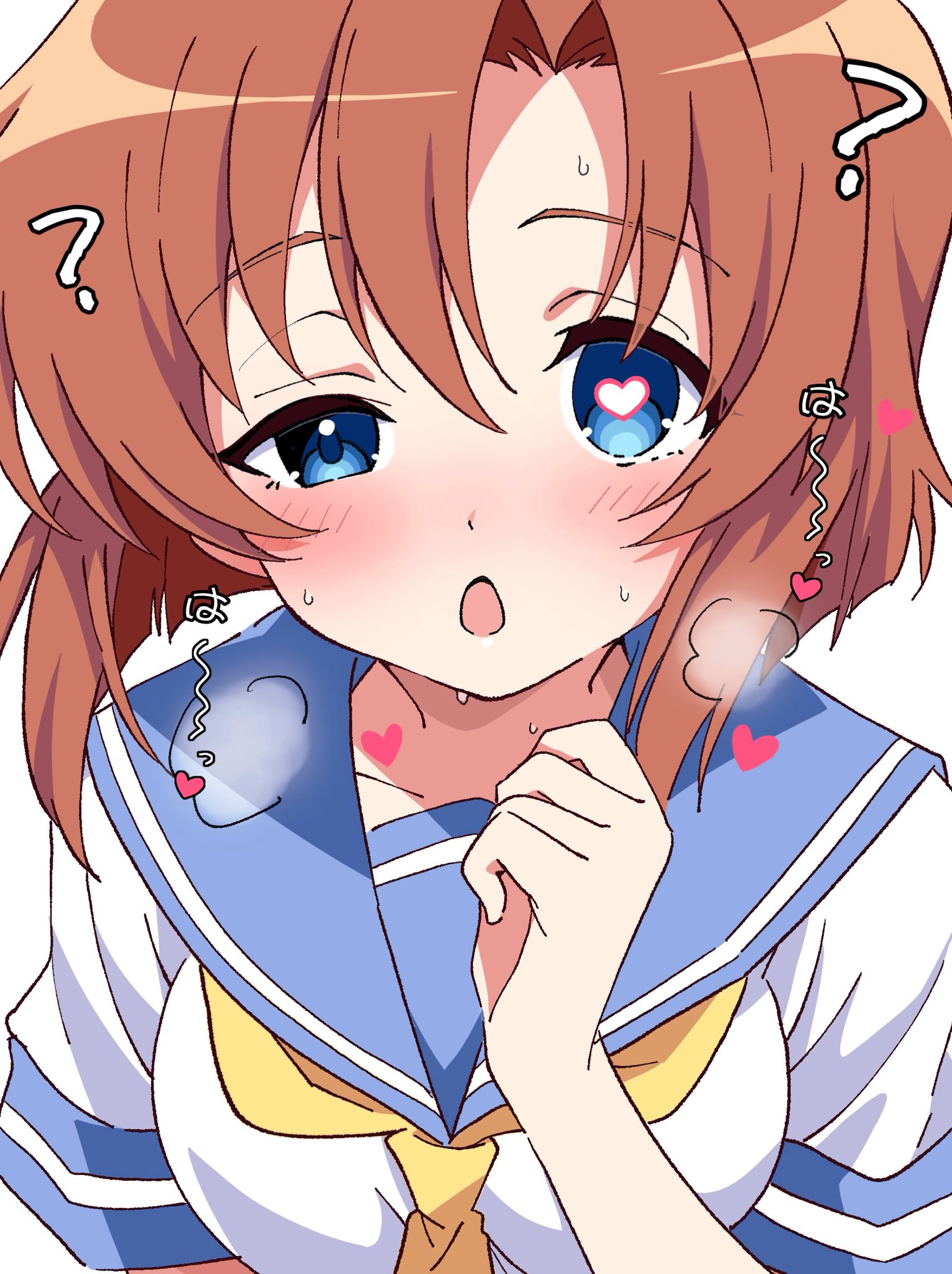 niyane, ryuuguu rena, higurashi no naku koro ni, commentary request, highres, 1girl, ?, blue sailor collar, blush, breasts, closed mouth, hand up, heart, heart-shaped pupils, looking at viewer, medium breasts, mismatched pupils, necktie, orange hair, parted bangs, sailor collar, school uniform, serafuku, shirt, short hair, short sleeves, simple background, solo, sweat, symbol-shaped pupils, upper body, white background, white shirt, yellow necktie