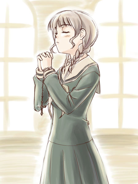 masakichi (crossroad), ikezawa haruna, mizusawa mao, shimazu yoshino, kimi kiss, maria-sama ga miteru, 1girl, braid, cosplay, cross, crossover, female focus, hair over shoulder, latin cross, parody, praying, shimazu yoshino (cosplay), solo, twin braids, voice actor connection