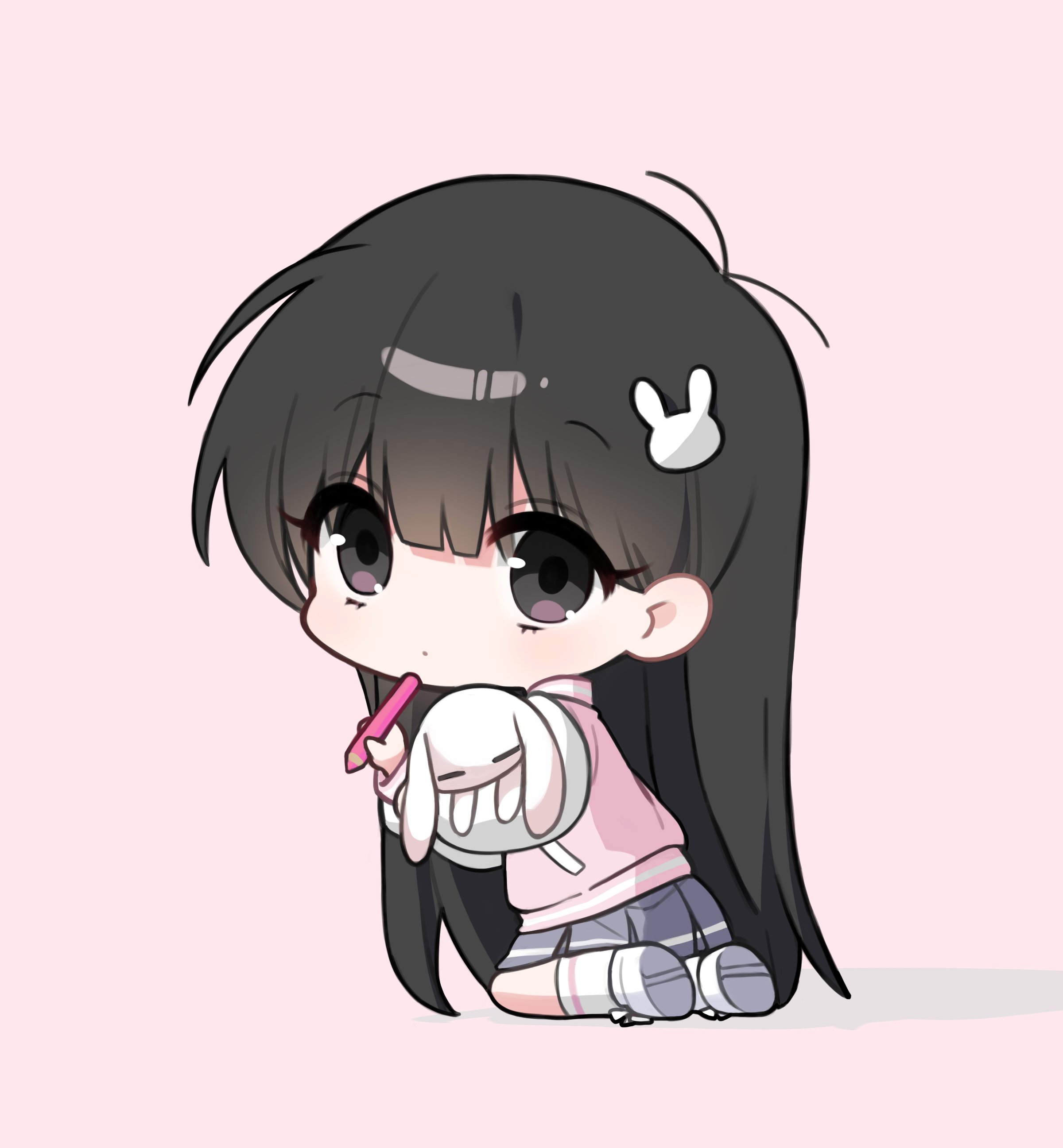 pudding (skymint 028), original, absurdres, commentary, highres, 1girl, black eyes, black hair, blunt bangs, chibi, chibi only, full body, grey skirt, hair ornament, holding, holding pencil, kneeling, long hair, long sleeves, pencil, pink background, pink vest, pleated skirt, rabbit hair ornament, shirt, shoes, simple background, skirt, socks, solo, stuffed animal, stuffed rabbit, stuffed toy, vest, white shirt, white shoes, white socks