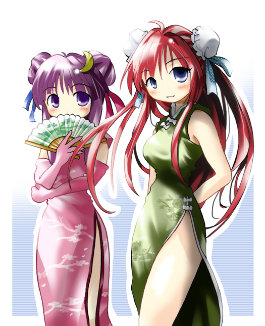 morogami ryou, hong meiling, patchouli knowledge, touhou, 2girls, alternate costume, alternate hairstyle, arm behind back, blue eyes, blush, border, bow, braid, breasts, bun cover, china dress, chinese clothes, covering own mouth, crescent, crescent hair ornament, double bun, dress, elbow gloves, female focus, folding fan, gloves, hair bow, hair bun, hair ornament, hair ribbon, hand fan, long hair, looking at viewer, medium breasts, multiple girls, night clothes, no headwear, outline, outside border, pink gloves, purple eyes, purple hair, red hair, ribbon, sidelocks, single hair bun, smile, twin braids, white border