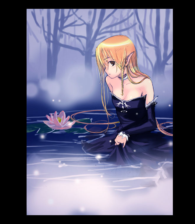 refeia, 1girl, bare shoulders, blonde hair, braid, brown eyes, choker, detached sleeves, dress, elf, female focus, flat chest, lily pad, pointy ears, skirt hold, solo, strapless, strapless dress, water, wet