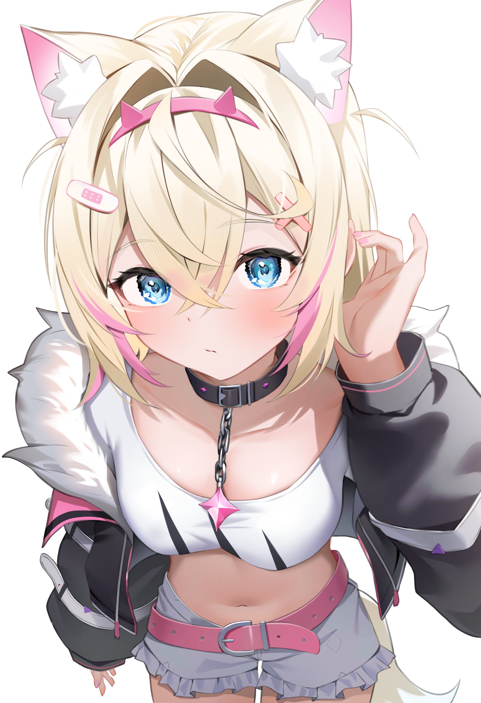 shuvi (shuvi1125), mococo abyssgard, hololive, hololive english, absurdres, highres, 1girl, animal ears, belt, black choker, black jacket, blonde hair, blue eyes, breasts, chain, choker, closed mouth, cowboy shot, crop top, frilled shorts, frills, fur trim, hair between eyes, hairband, hand up, jacket, long sleeves, looking at viewer, medium breasts, medium hair, midriff, multicolored hair, navel, open clothes, open jacket, shirt, shoes, shorts, simple background, solo, stomach, streaked hair, virtual youtuber, white background, white shirt, white shoes, wolf ears