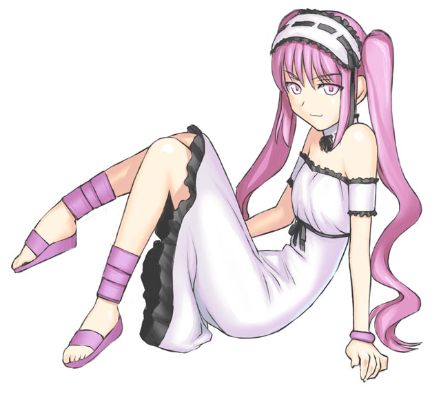 tanaka shoutarou, euryale (fate), stheno (fate), fate/hollow ataraxia, fate/stay night, fate (series), 00s, 1girl, arm support, bare shoulders, bracelet, dress, female focus, frills, full body, goth fashion, hairband, jewelry, legs, long hair, looking at viewer, pink eyes, pink hair, ribbon, sandals, simple background, sitting, smile, solo, twintails, very long hair, white background