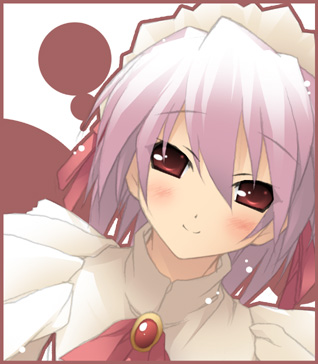 kantoku, kotonomiya yuki, suigetsu, lowres, 1girl, blush, brooch, female focus, hair between eyes, hair ribbon, jewelry, looking at viewer, maid, maid headdress, red eyes, ribbon, solo, white hair