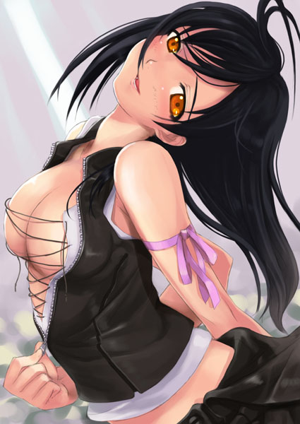 mikazuki akira!, tifa lockhart, final fantasy, final fantasy vii, final fantasy vii advent children, 00s, 1990s (style), 1girl, black hair, blush, breasts, cleavage, female focus, head tilt, long hair, midriff, midriff peek, no bra, orange eyes, retro artstyle, ribbon, smile, solo, unzipped, zipper