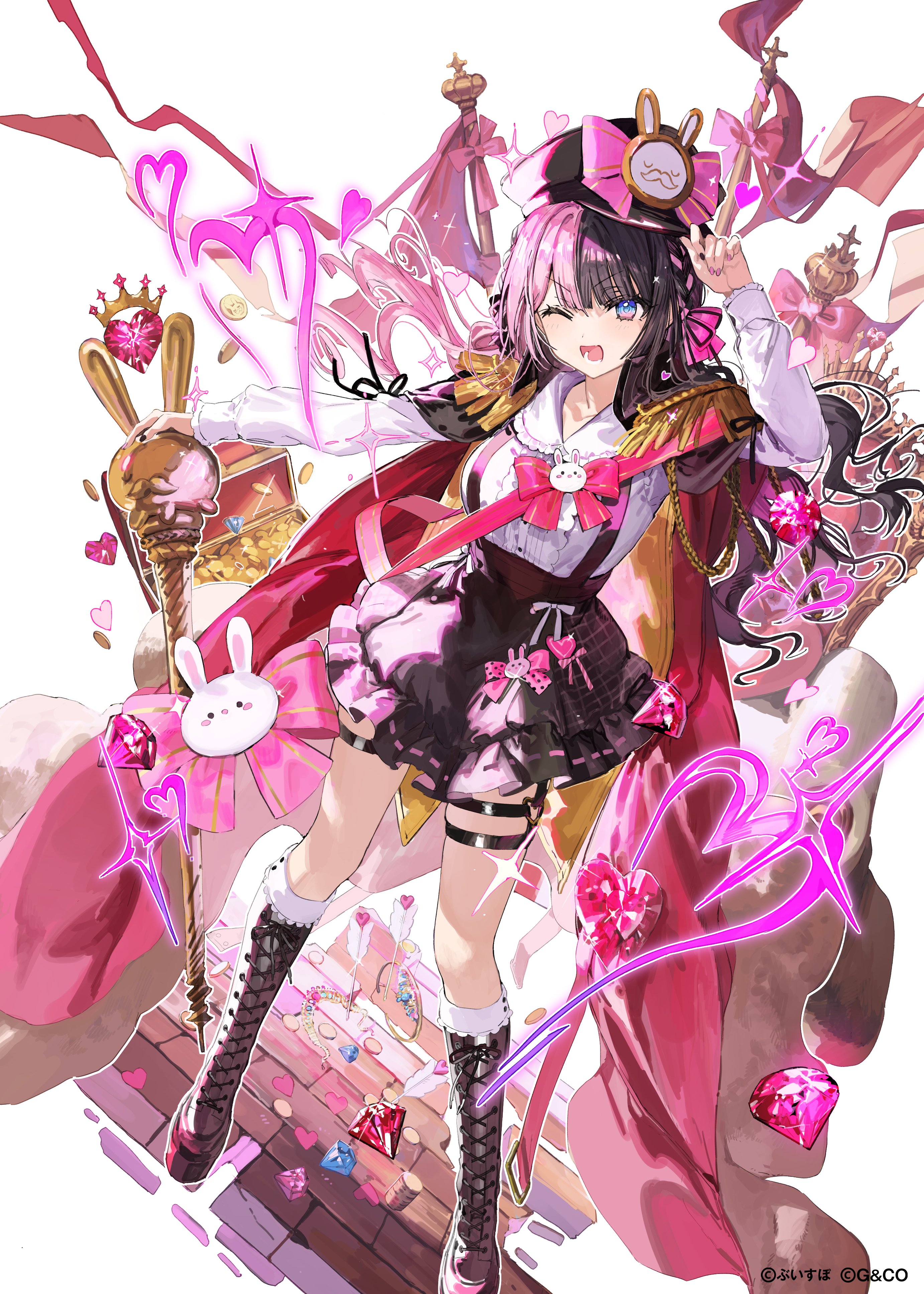wata (attaka towel), tachibana hinano, vspo!, absurdres, highres, official art, 1girl, black boots, black hair, black hat, black ribbon, black skirt, boots, bow, cape, hat, knee boots, long hair, long sleeves, looking at viewer, lower teeth only, military hat, multicolored hair, one eye closed, open mouth, pink bow, pink hair, ribbon, shirt, skirt, smile, standing, teeth, thigh strap, two-tone hair, white shirt