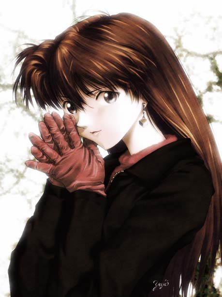 kobayashi yuji, souryuu asuka langley, neon genesis evangelion, hands together, 1girl, brown hair, earrings, gloves, jewelry, long hair, own hands together, signature, smile, solo, upper body, watermark