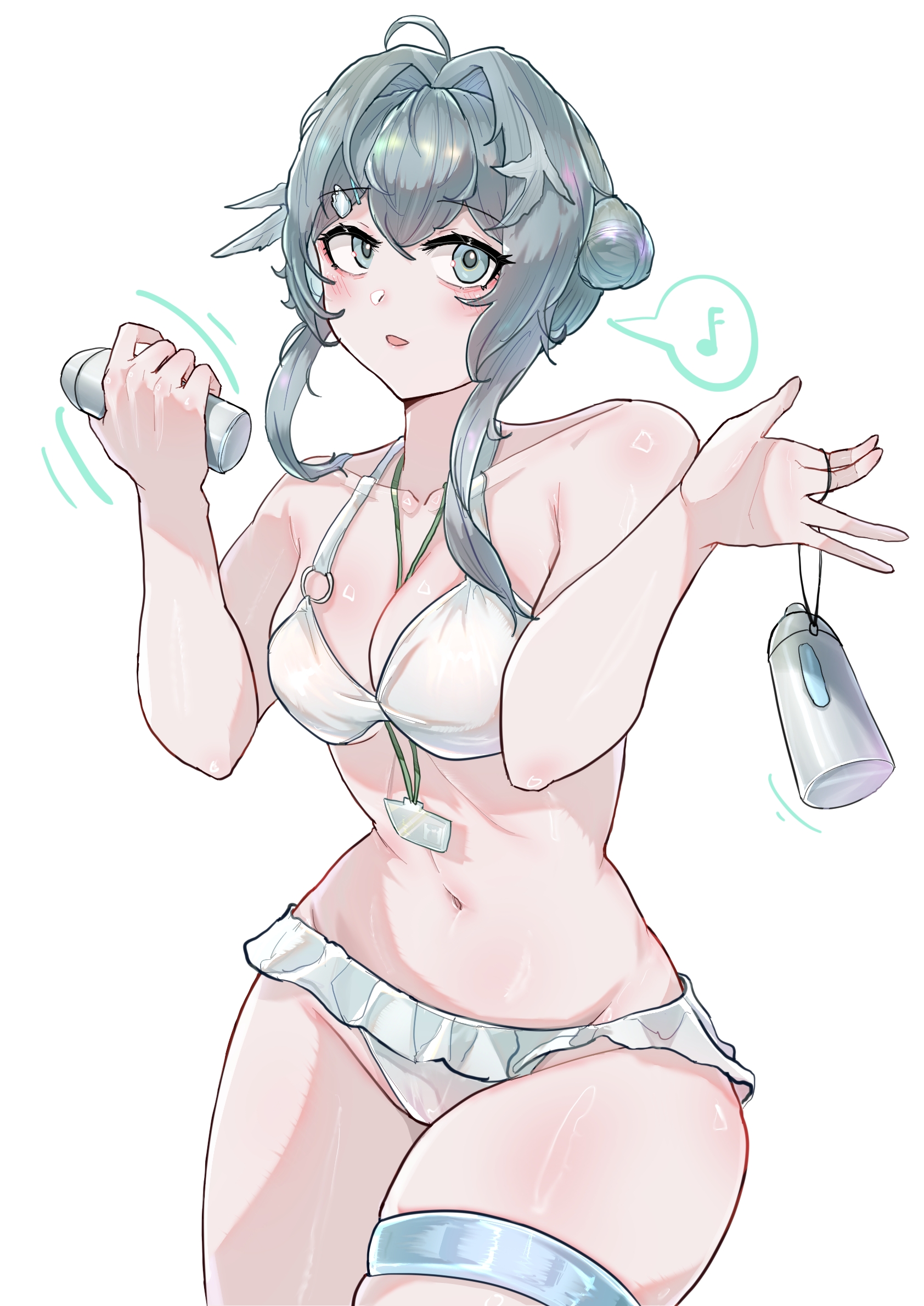 siggbbang gyeon, la pluma (arknights), la pluma (summer flowers) (arknights), arknights, highres, 1girl, bikini, blue eyes, blush, breasts, cleavage, cowboy shot, groin, hair bun, hair intakes, holding, id card, looking at viewer, medium breasts, navel, open mouth, short hair, simple background, solo, swimsuit, thick thighs, thighs, white background, white bikini