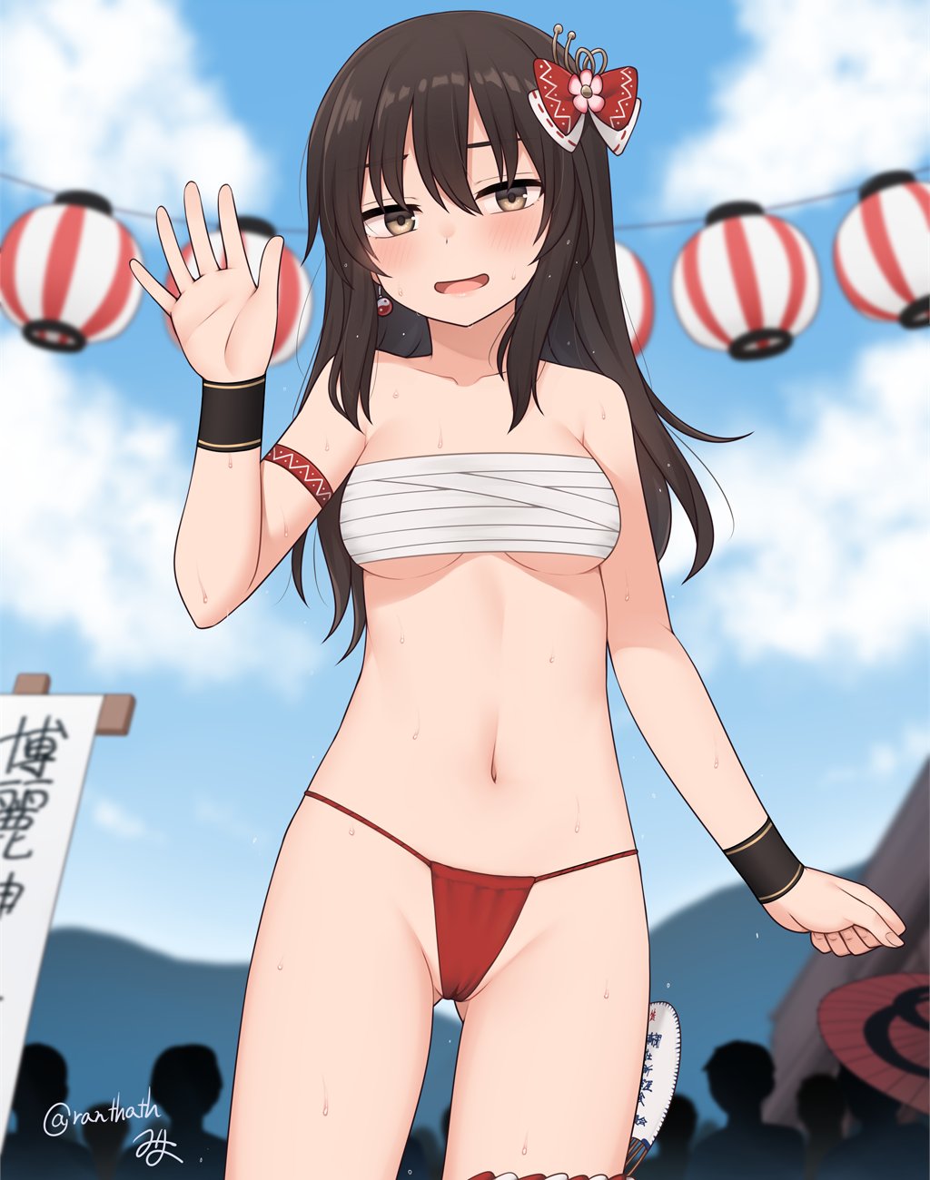 miyo (ranthath), hakurei reimu, touhou, highres, 1girl, :d, black hair, blue sky, bow, breasts, brown eyes, budget sarashi, chest sarashi, cloud, cowboy shot, day, earrings, fundoshi, hair bow, hand up, holding, holding ofuda, japanese clothes, jewelry, lantern, long hair, looking at viewer, medium breasts, navel, ofuda, open mouth, outdoors, paper lantern, people, red bow, sarashi, signature, sky, smile, solo focus, twitter username, underwear, underwear only, waving, wrist cuffs, yin yang, yin yang earrings