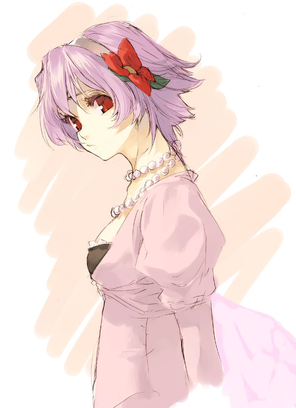 pako (pakosun), original, 1girl, female focus, hair ornament, hairband, jewelry, necklace, pink hair, red eyes, short hair, solo