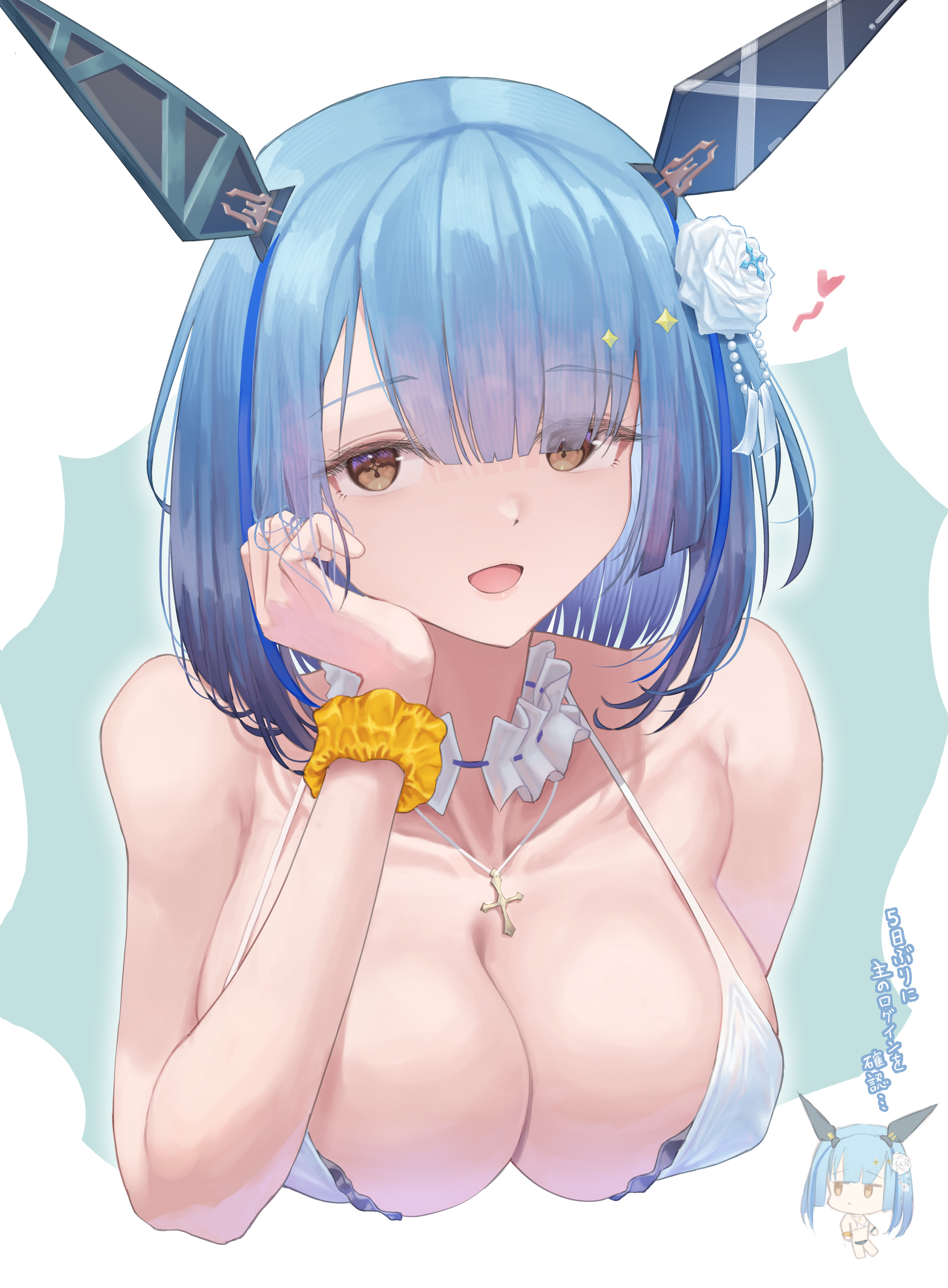 azuma (sospower73), gascogne (azur lane), gascogne (tropical environs acclimation service equipment) (azur lane), azur lane, absurdres, commentary request, highres, translation request, 1girl, bikini, blue streaks, breasts, brown eyes, chibi, chibi inset, cleavage, collarbone, cross, cross necklace, hair ornament, headgear, jewelry, large breasts, looking at viewer, mechanical ears, necklace, official alternate costume, open mouth, purple hair, scrunchie, short hair, simple background, skindentation, smile, swimsuit, white background, white bikini, wrist scrunchie