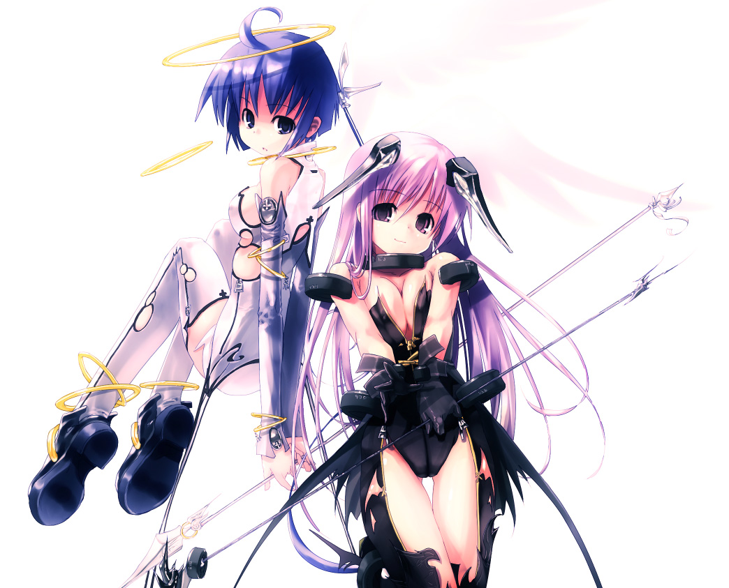 refeia, original, 2girls, ahoge, angel, armband, black gloves, black vs white, blue eyes, blue hair, bob cut, bodysuit, boots, bracelet, breasts, cleavage, expressionless, floating, gauntlets, gloves, halo, jewelry, large breasts, leotard, long hair, looking at viewer, multiple girls, pink eyes, pink hair, polearm, purple eyes, purple hair, science fiction, short hair, shoulder pads, smile, spear, thigh gap, thighhighs, v arms, very long hair, weapon, wings