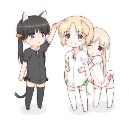 ooji, lowres, 3girls, animal ears, black hair, black socks, black thighhighs, blonde hair, blush, brown eyes, cat ears, cat girl, cat tail, chibi, chibi only, dog ears, dog girl, dog tail, jewelry, long hair, multiple girls, necklace, one eye closed, petting, purple eyes, rabbit ears, rabbit girl, rabbit tail, red eyes, short hair, socks, tail, thighhighs, twintails, white socks, white thighhighs