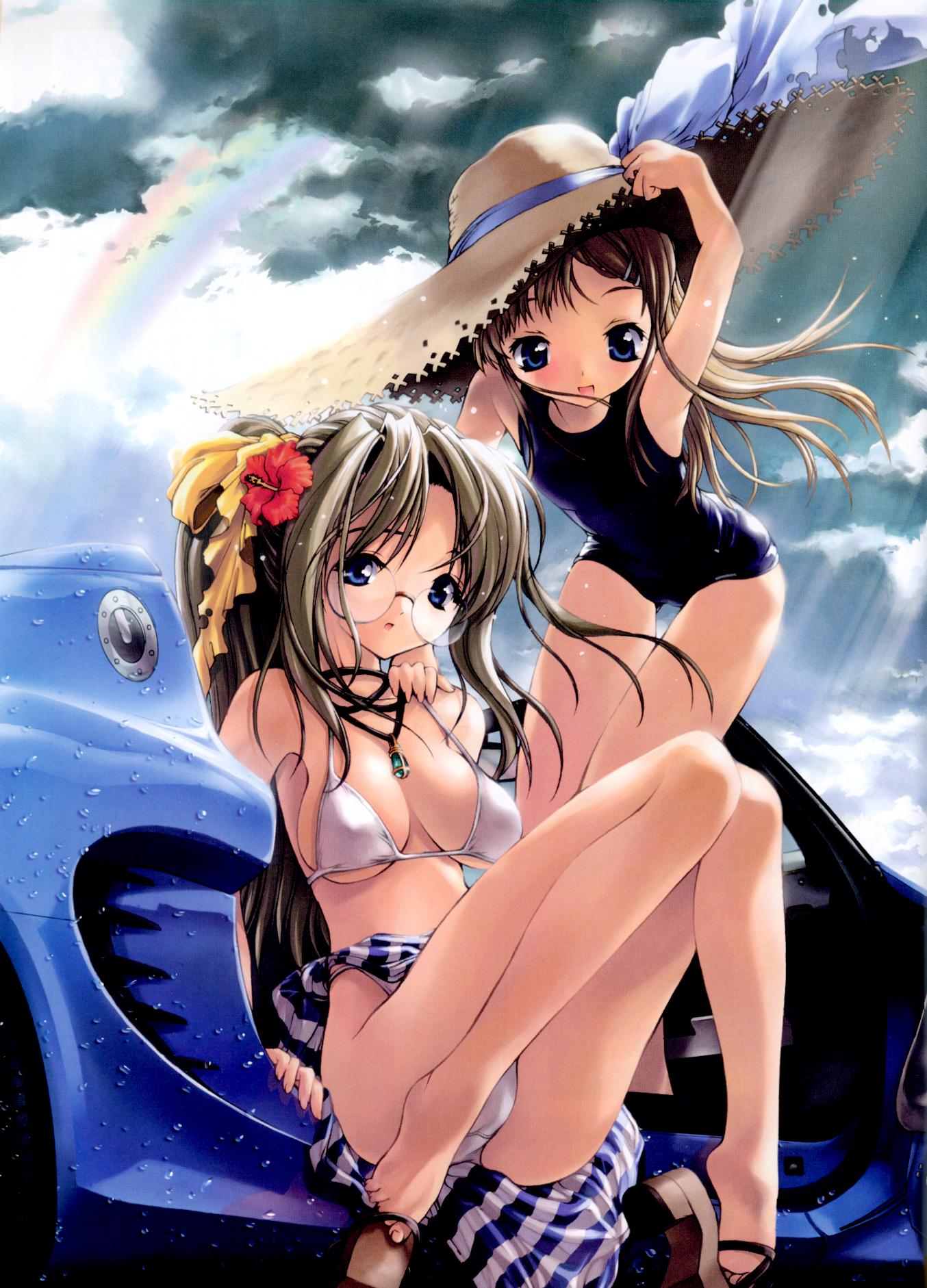 miwa yoshikazu, vehicle, highres, 2girls, blue eyes, bow, brown hair, car, flower, glasses, hat, high heels, motor vehicle, multiple girls, one-piece swimsuit, school swimsuit, shoes, swimsuit