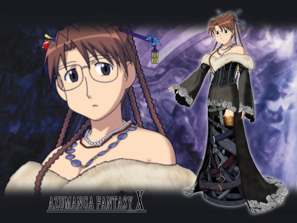 niinii, lulu (ff10), mizuhara koyomi, azufan, azumanga daiou, final fantasy, final fantasy x, mediaworks, square enix, bad id, bad nicoseiga id, 1girl, bare shoulders, belt, belt skirt, black dress, brand name imitation, brown hair, copyright parody, cosplay, dress, female focus, full body, glasses, hair bun, jewelry, long hair, long sleeves, lulu (cosplay), lulu (ff10) (cosplay), necklace, parody, solo, strapless, strapless dress, thighhighs, title parody, zoom layer
