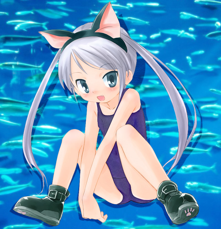 animal ears, cat ears, fake animal ears, fang, one-piece swimsuit, school swimsuit, solo, swimsuit, twintails