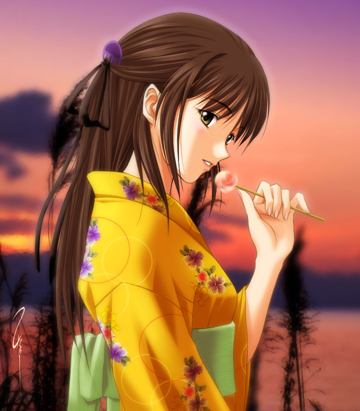 aizawa kotarou, original, 1girl, brown hair, candy, female focus, floral print, flower, food, from side, hair ornament, hair ribbon, hairclip, hibiscus, japanese clothes, kimono, lollipop, long hair, long sleeves, looking at viewer, looking to the side, obi, outdoors, profile, ribbon, sash, smile, solo, sunset, upper body, yellow kimono, yukata
