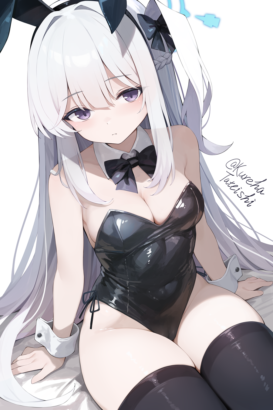 tateishi kureha, miyako (blue archive), blue archive, commentary request, highres, 1girl, alternate costume, animal ear hairband, animal ears, artist name, black bow, black bowtie, black hairband, black leotard, black thighhighs, blue halo, bow, bowtie, breasts, cameltoe, cleavage, closed mouth, collar, covered navel, detached collar, fake animal ears, hair between eyes, hair bow, hair intakes, hairband, halo, highleg, highleg leotard, leotard, long hair, looking at viewer, medium breasts, playboy bunny, purple eyes, rabbit ear hairband, rabbit ears, simple background, sitting, solo, strapless, strapless leotard, thighhighs, very long hair, white collar, white hair, white wrist cuffs, wrist cuffs