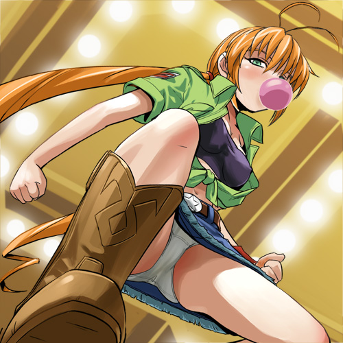 haruyama kazunori, monica adenauer, yakitate!! japan, lowres, 00s, 1girl, bandeau, blowing bubble gum, blowing bubbles, boots, breasts, chewing gum, covered erect nipples, cowboy boots, denim, denim skirt, female focus, from below, medium breasts, midriff, miniskirt, navel, panties, pantyshot, shirt, sitting, skirt, solo, strapless, tied shirt, tube top, twintails, underwear, upskirt, white panties