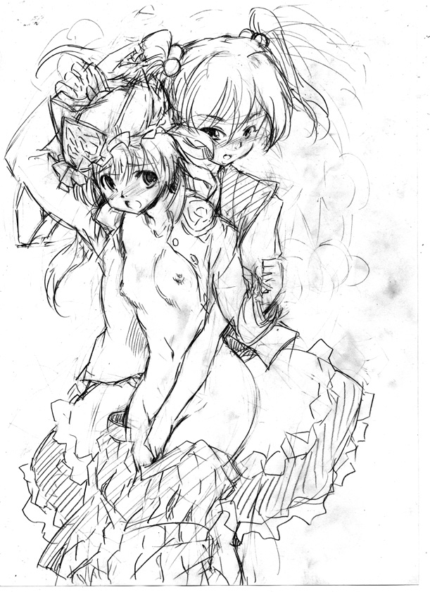 fujiwara shun'ichi, onozuka komachi, shiki eiki, touhou, arm grab, graphite (medium), traditional media, 2girls, blush, breasts, clothes pull, embarrassed, female focus, fingering, greyscale, monochrome, multiple girls, nipples, no bra, no panties, nude, open clothes, open mouth, open shirt, reach-around, shirt, sketch, skirt, skirt pull, small breasts, twintails, two side up, undressing, yuri