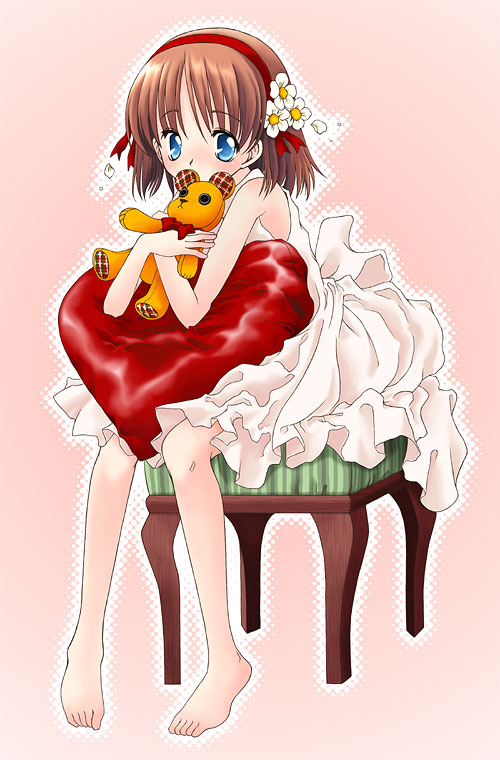 kuroda bb, original, 1girl, barefoot, blue eyes, brown hair, chair, dress, feet, female focus, flower, full body, hair flower, hair ornament, hairband, heart, heart-shaped pillow, hugging doll, hugging object, pillow, pink background, pinup (style), short hair, sitting, solo, stuffed animal, stuffed toy, teddy bear, toes, white dress