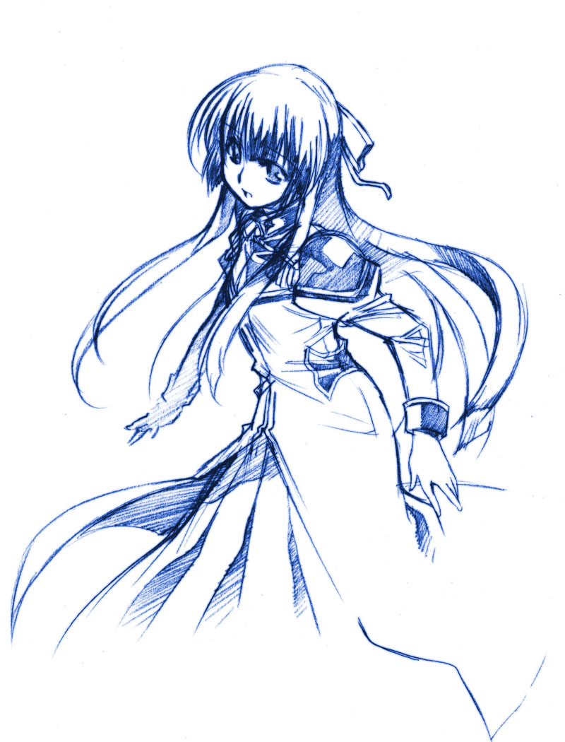 takase hironori, karasuma chitose, broccoli (company), galaxy angel, 00s, 1girl, blue theme, coat, dress, female focus, half updo, long hair, monochrome, sidelocks, simple background, solo, white background