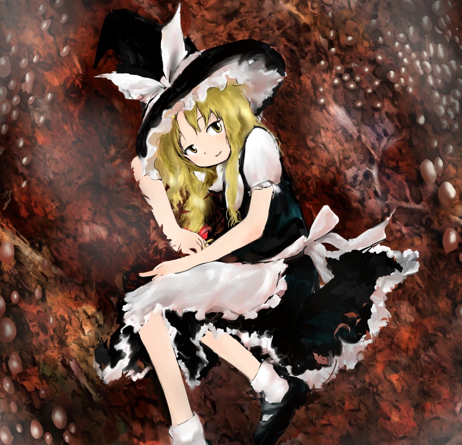 kashmir, kirisame marisa, touhou, 1girl, blonde hair, brown eyes, female focus, hat, light smile, long hair, lying, on side, solo, witch hat