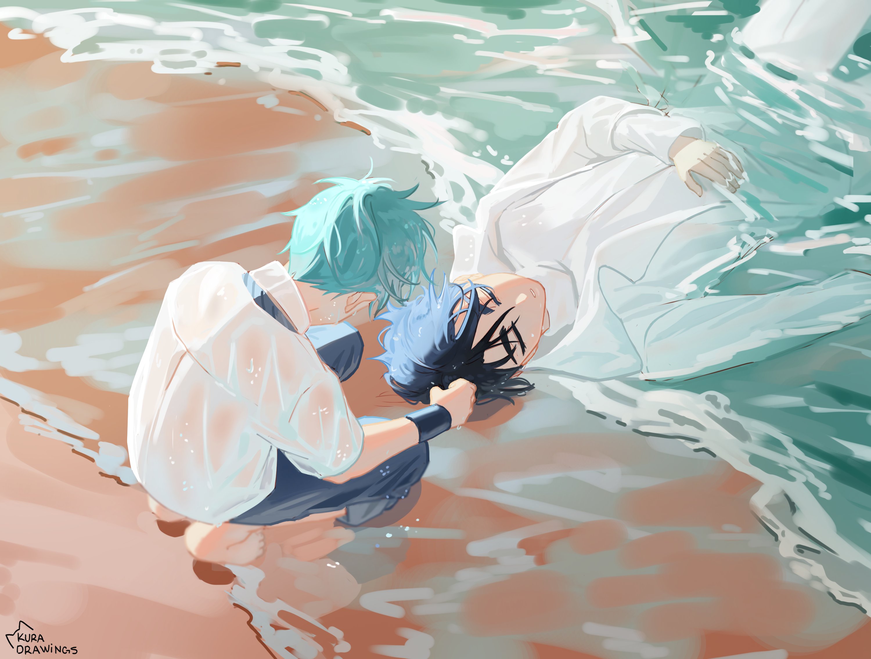 ivan (alien stage), till (alien stage), alien stage, commentary, english commentary, highres, 2boys, barefoot, beach, black hair, black pants, closed eyes, coat, collared shirt, grey hair, kuradrawings, male focus, multiple boys, ocean, pants, shirt, shore, signature, squatting, water, white coat, white pants, white shirt, wristband