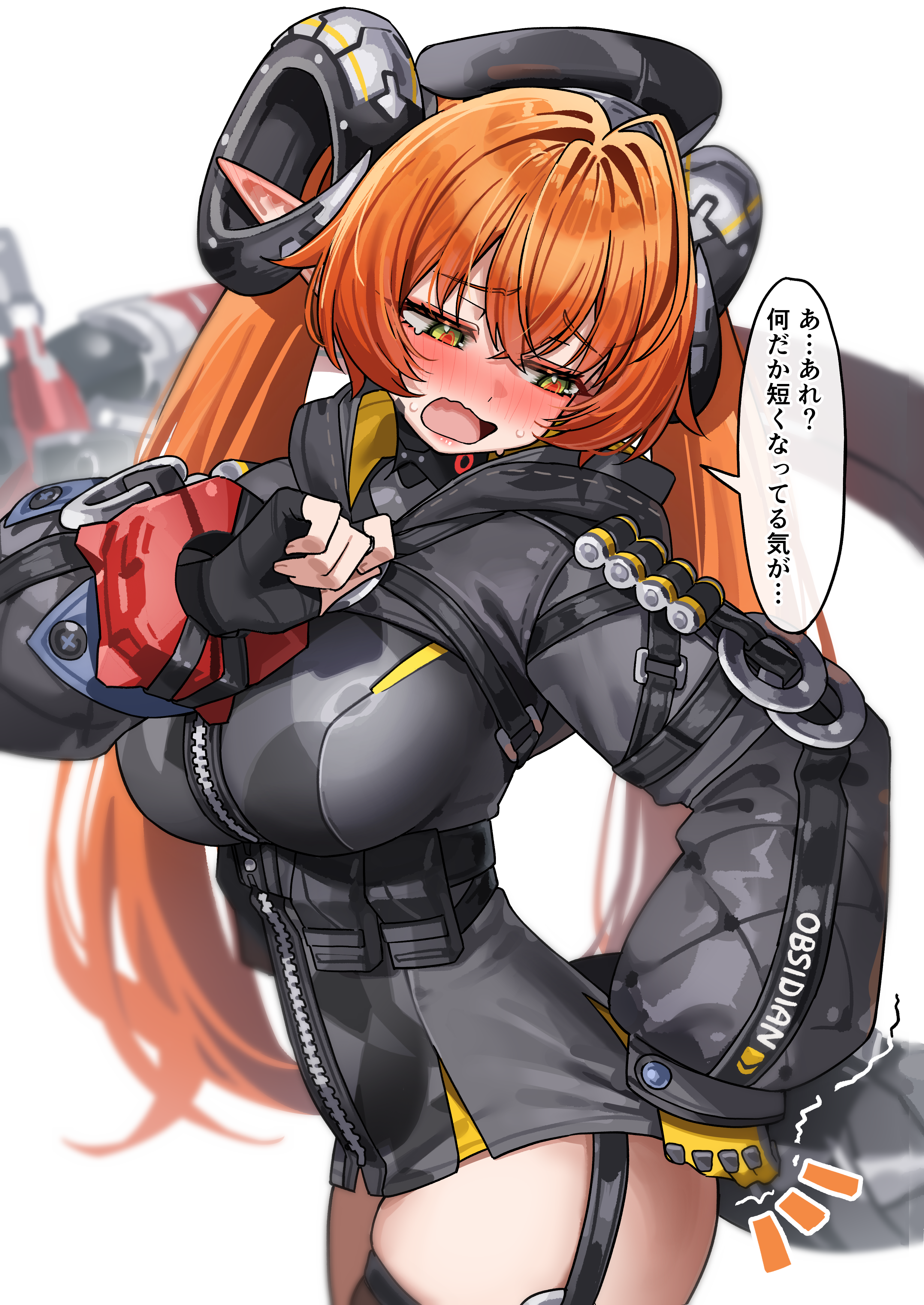 green tea (matchaistasty), orphie magnusson, zenless zone zero, absurdres, commentary request, highres, translation request, 1girl, asymmetrical gloves, black dress, black gloves, black shrug, blurry, blush, breasts, crossed bangs, curled horns, dragon girl, dragon horns, dress, fingerless gloves, gloves, hair between eyes, hair intakes, hood, hood down, hooded shrug, horns, large breasts, long hair, long sleeves, mechanical horns, mechanical tail, mismatched gloves, nose blush, open mouth, orange hair, pointy ears, puffy long sleeves, puffy sleeves, short dress, shrug (clothing), simple background, single fingerless glove, solo, speech bubble, sweat, tail, thighs, trembling, twintails, very long hair, white background, yellow gloves, zipper dress