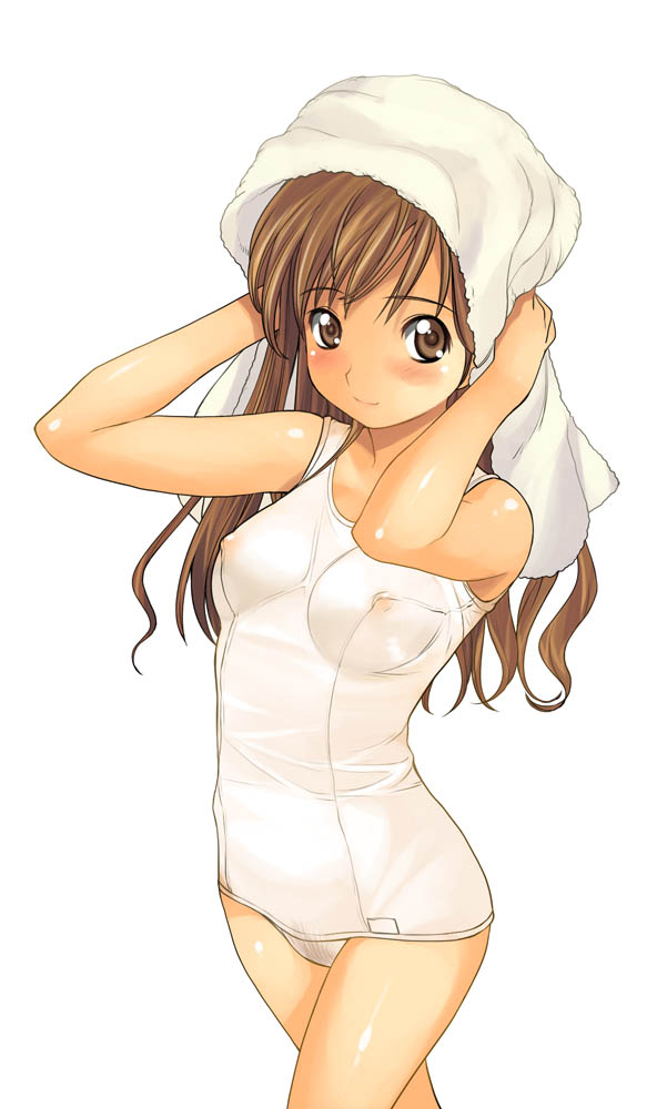 a1 (initial-g), toudou shimako, maria-sama ga miteru, 00s, 1girl, brown eyes, brown hair, female focus, female pubic hair, long hair, nipples, one-piece swimsuit, pubic hair, school swimsuit, see-through clothes, solo, swimsuit, towel, towel on head, white one-piece swimsuit, white school swimsuit