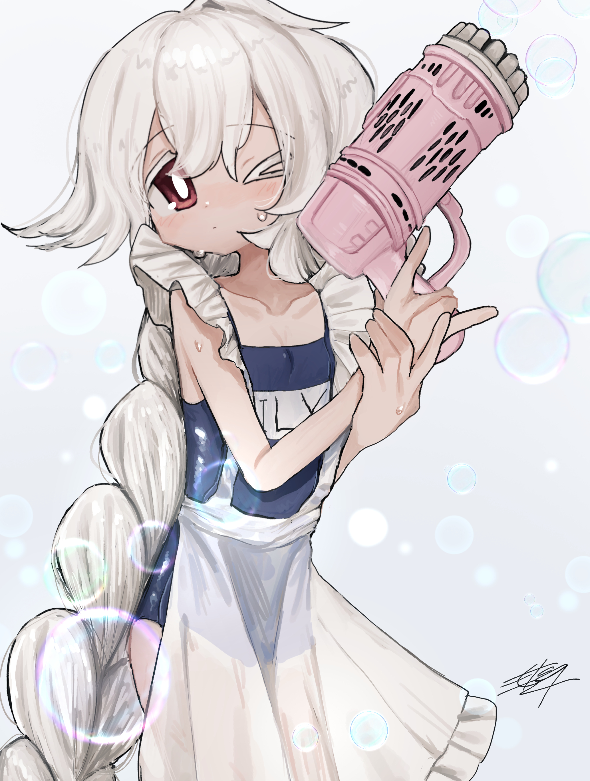 m1tky, white lily cookie, cookie run, cookie run: kingdom, absurdres, commentary request, highres, > o, 1girl, ahoge, alternate costume, apron, bare arms, bare shoulders, blue one-piece swimsuit, blush, braid, braided ponytail, bright pupils, bubble, closed mouth, collarbone, colored eyelashes, cowboy shot, double-parted bangs, expressionless, flat chest, frilled apron, frills, grey background, hair between eyes, hair flaps, hands up, holding, holding water gun, humanization, long hair, looking at viewer, one-piece swimsuit, one eye closed, red eyes, simple background, single braid, skinny, solo, standing, swimsuit, very long hair, waist apron, water gun, wet, wet clothes, white apron, white eyelashes, white hair, white pupils