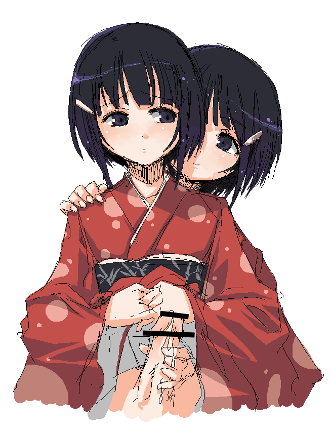 onija tarou, character request, source request, 1futa, 1girl, bar censor, black eyes, black hair, censored, cum, futa with female, futanari, futasub, hair ornament, hairclip, handjob, incest, japanese clothes, kimono, long sleeves, no testicles, obi, oekaki, penis, reach-around, sash, short hair, siblings, simple background, sisters, smile, twincest, twins, white background