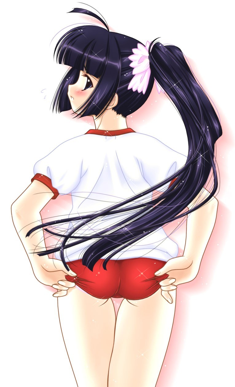fujimiya, highres, 1girl, adjusting buruma, adjusting clothes, ahoge, ass, black hair, buruma, female focus, from behind, gym uniform, long hair, looking back, ponytail, solo, very long hair