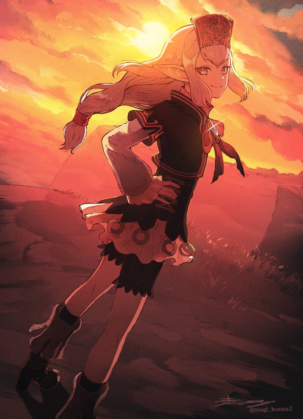 mugi kosuta, elvaan, prishe, final fantasy, final fantasy xi, final fantasy xiv, commentary, highres, 1girl, boots, cloud, cloudy sky, elf, floating hair, foot out of frame, frilled sleeves, frills, glint, hand on own hip, long hair, long sleeves, looking at viewer, low-tied long hair, orange theme, pointy ears, shorts, signature, sky, smile, solo, sun, sunset, twitter username