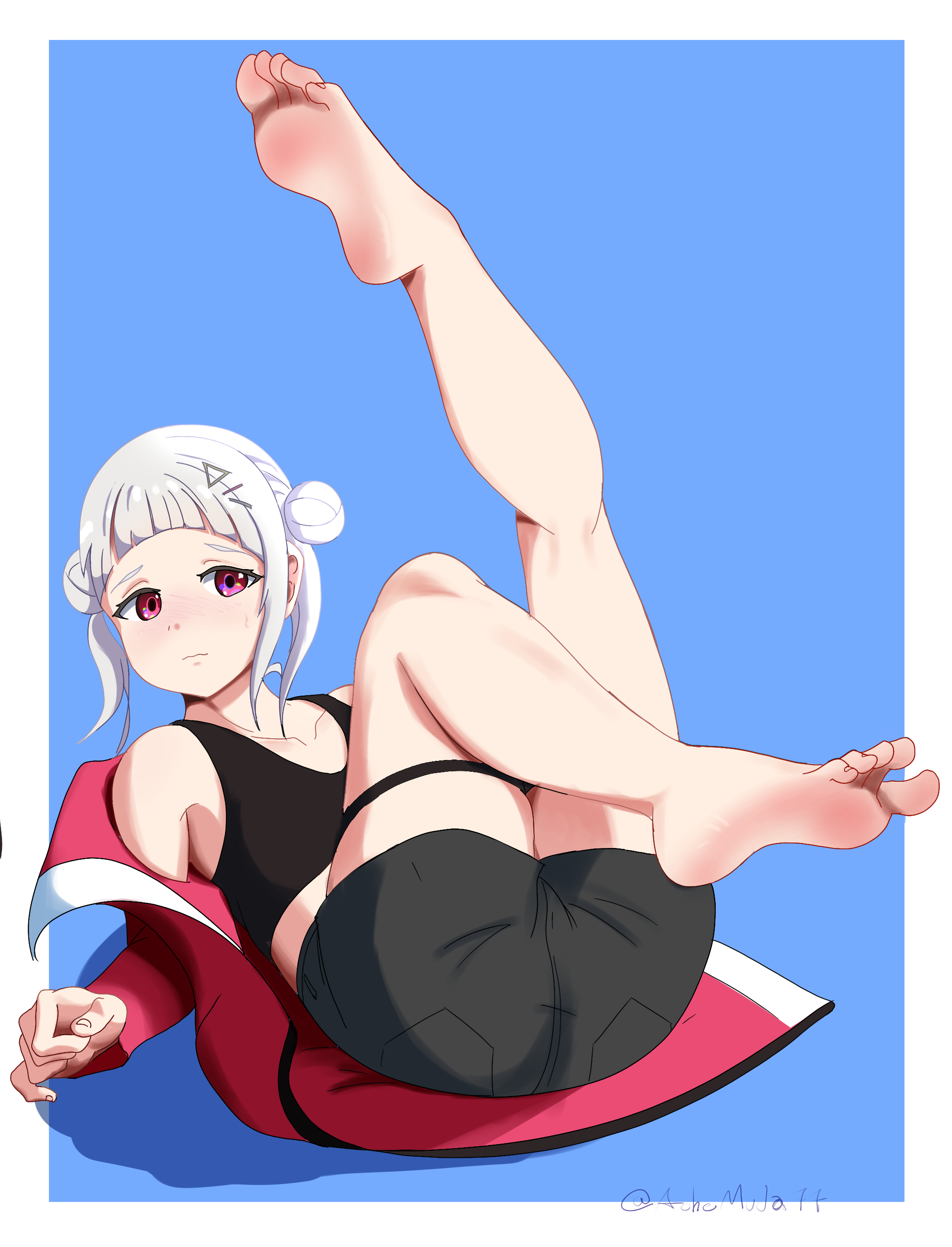 niiru96, arashi chisato, love live!, love live! superstar!!, highres, 1girl, barefoot, blush, double bun, feet, hair bun, long hair, red eyes, soles, toes, white hair