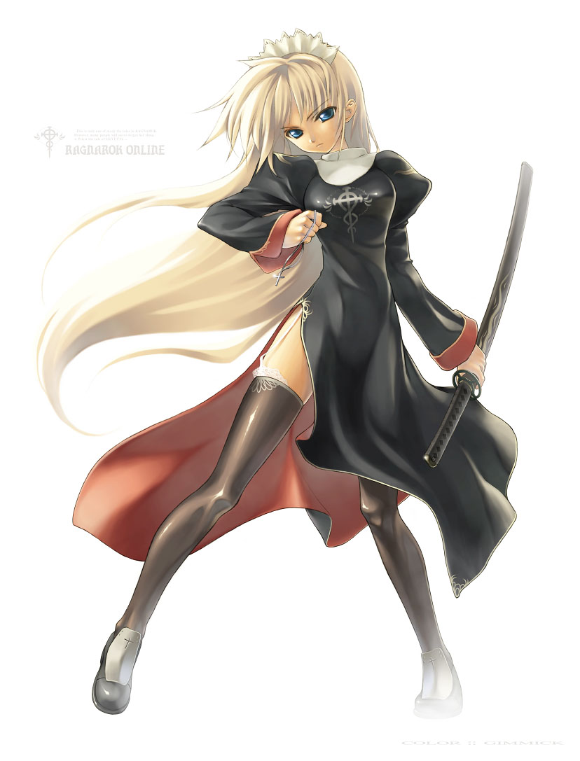 miyatsuki itsuka, priest (ragnarok online), ragnarok online, habit, 1girl, black shoes, black thighhighs, blonde hair, blue eyes, cross, female focus, garter belt, jewelry, katana, long hair, maid headdress, necklace, nun, priest, priestess, rosary, shoes, solo, sword, thighhighs, weapon