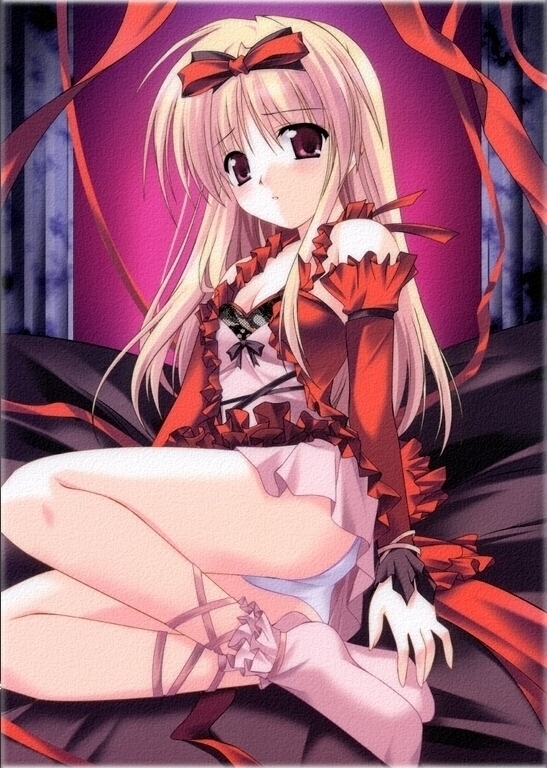 kiba satoshi, ass, blonde hair, blush, camisole, detached sleeves, dress, elbow gloves, gloves, goth fashion, legs, long hair, panties, pantyshot, purple eyes, red eyes, ribbon, short dress, sitting, socks, solo, underwear, upskirt, white panties