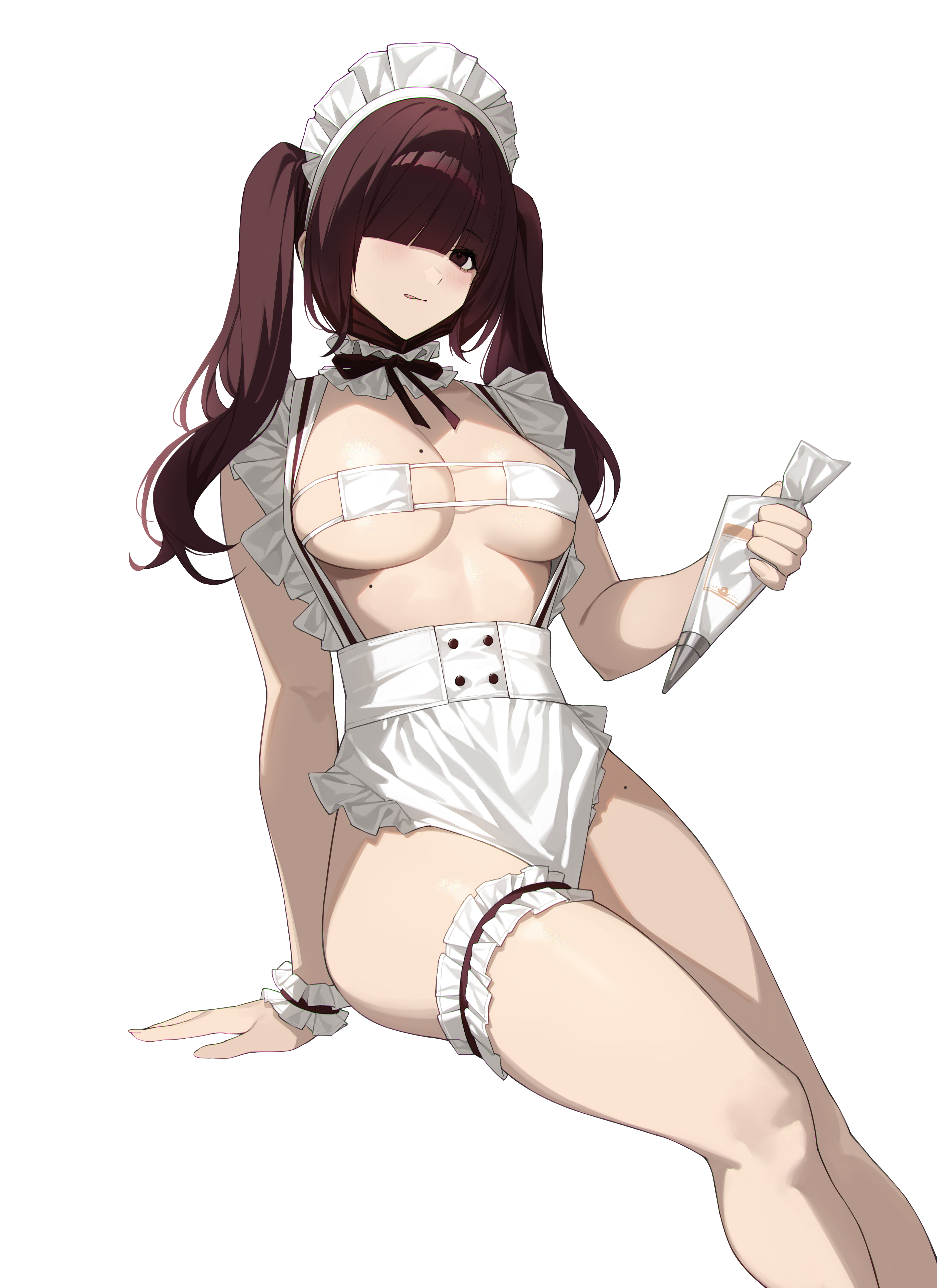 yykuaixian, original, absurdres, highres, 1girl, apron, bikini, blush, breasts, closed mouth, eyepatch bikini, frilled thigh strap, frilled wristband, frills, hair over one eye, large breasts, legs, legs together, long hair, looking at viewer, maid, maid bikini, maid headdress, mole, mole on breast, mole on leg, mole under breast, no pants, red hair, red ribbon, ribbon, sidelocks, simple background, sitting, sleeveless, solo, swimsuit, thigh strap, thighs, tongue, tongue out, twintails, unconventional maid, white apron, white background, white bikini, wide hips, wristband