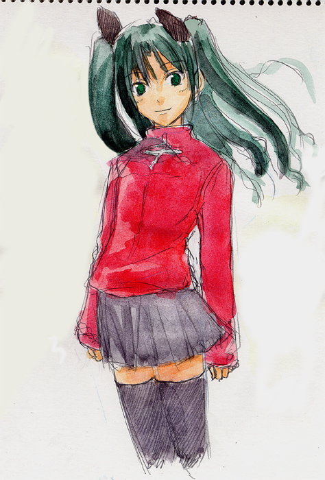 crimsongarden, tohsaka rin, fate/stay night, fate (series), painting (medium), scan, traditional media, watercolor (medium), 00s, 1girl, black thighhighs, blush, cross, female focus, flat chest, green eyes, green hair, hair ribbon, long hair, matching hair/eyes, pleated skirt, ribbon, simple background, skirt, smile, solo, standing, sweater, thigh gap, thighhighs, thighs, turtleneck, twintails, two side up, zettai ryouiki