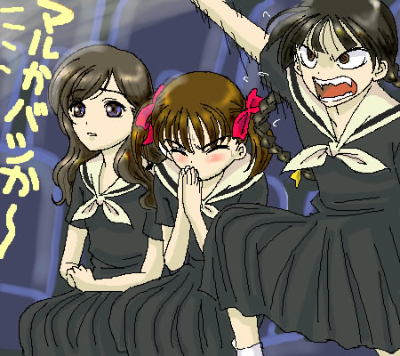 fukuzawa yumi, shimazu yoshino, toudou shimako, maria-sama ga miteru, lowres, 00s, 3girls, angry, arm up, blush, braid, brown hair, closed eyes, long hair, looking up, multiple girls, oekaki, own hands clasped, own hands together, praying, school uniform, serafuku, sharp teeth, short hair, shouting, teeth, twin braids, twintails, very long hair