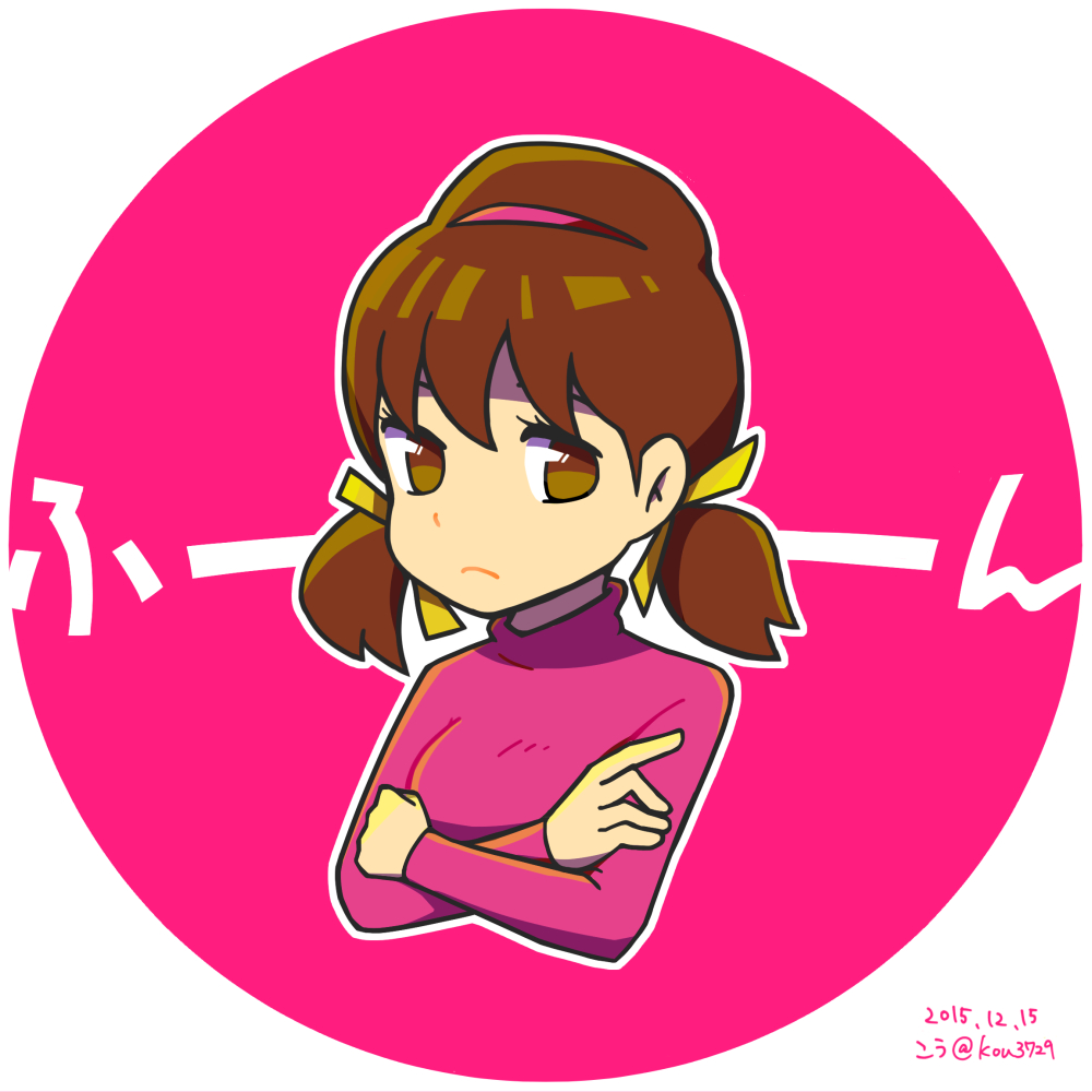 kou osmtaka, yowai totoko, osomatsu-san, osomatsu (series), 1girl, brown eyes, brown hair, closed mouth, cropped torso, dated, frown, hairband, long sleeves, looking at viewer, pink hairband, pink sweater, ribbon, round image, solo, sweater, twintails, yellow ribbon