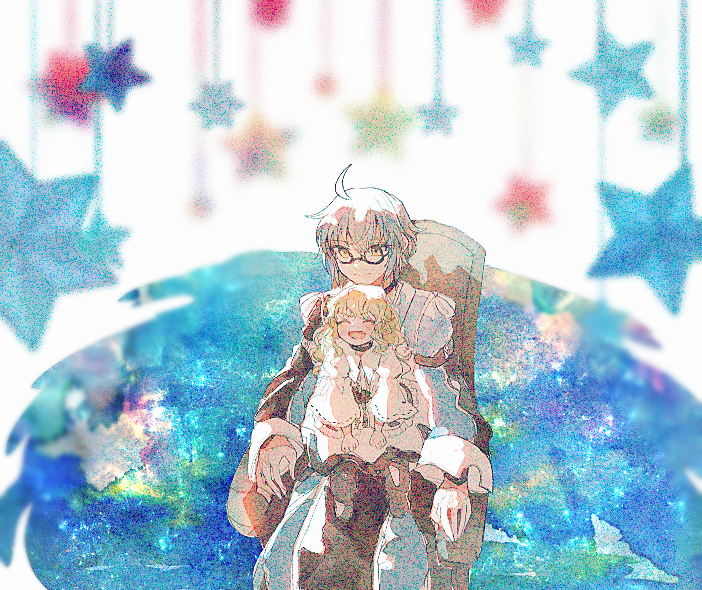 itomugi-kun, kirisame marisa, morichika rinnosuke, touhou, 1boy, 1girl, :d, ^ ^, aged down, ahoge, black kimono, blonde hair, blue background, blue kimono, blue pants, chair, closed eyes, closed mouth, dress, glasses, grey hair, japanese clothes, kimono, long hair, long sleeves, open mouth, pants, short hair, sitting, sitting on lap, sitting on person, smile, star (symbol), two-tone kimono, white dress, wide sleeves, yellow eyes