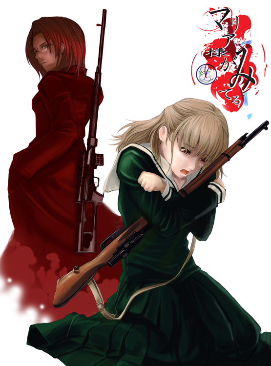 sayou, naitou shouko, takeshima tsutako, maria-sama ga miteru, 00s, bolt action, dragunov svd, gun, mosin-nagant, muzzle device, rifle, scope, shouko, sniper rifle, thumbhole stock, weapon