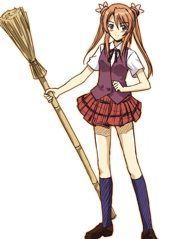 masakichi (crossroad), sakura mei, mahou sensei negima!, 00s, bamboo broom, blue eyes, broom, orange hair, plaid clothes, plaid skirt, pleated skirt, red hair, school uniform, serafuku, skirt, solo, twintails